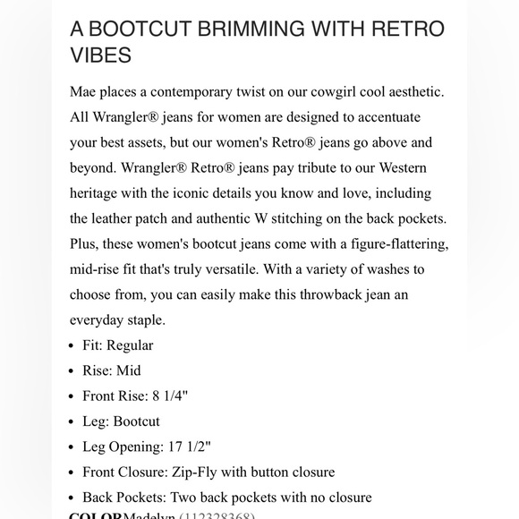 Wrangler- New never worn Retro Mae Mid Rise Bootcut Jeans 28X30 - Picture 9 of 16